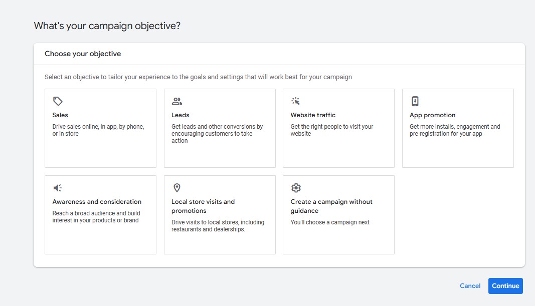 مرحله انتخاب هدف کمپین تبلیغات گوگل ادز