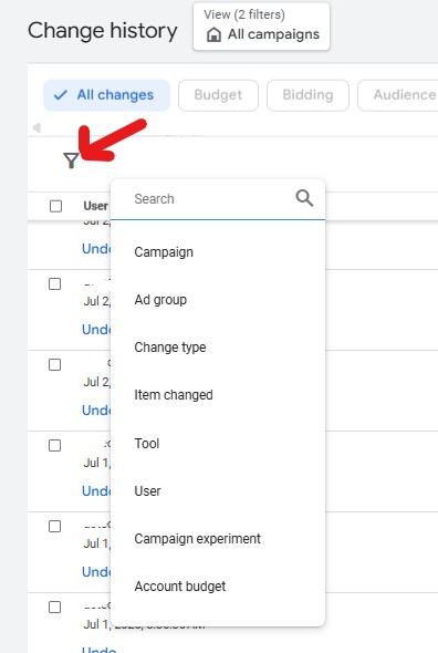 فیلترهای بخش change history