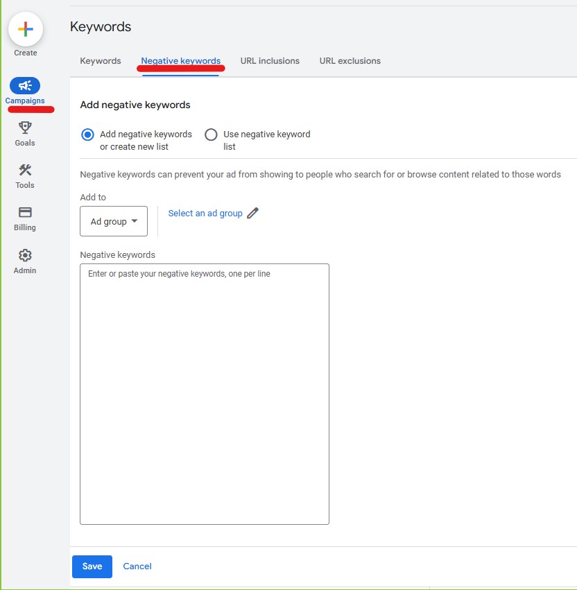 نحوه اضافه کردن لیست کلمات کلیدی منفی